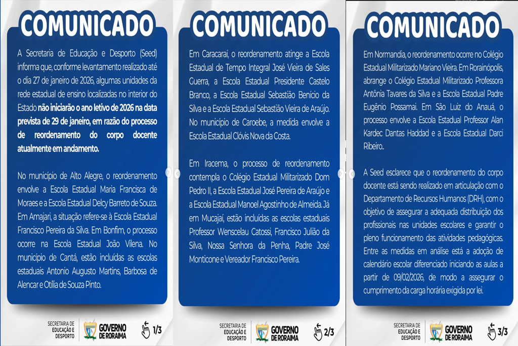 SEED adia início do ano letivo em 25 unidades escolares de Roraima